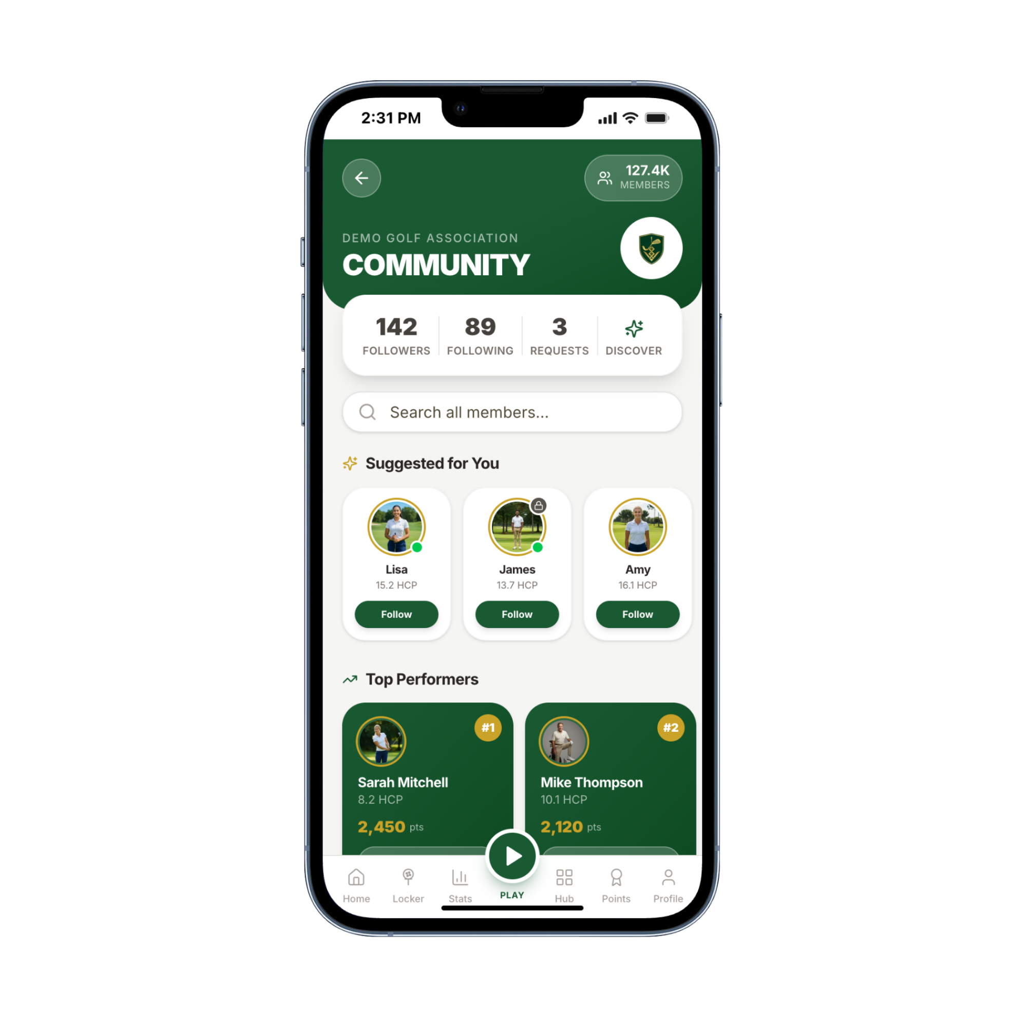 Community screen with suggested members and top performers