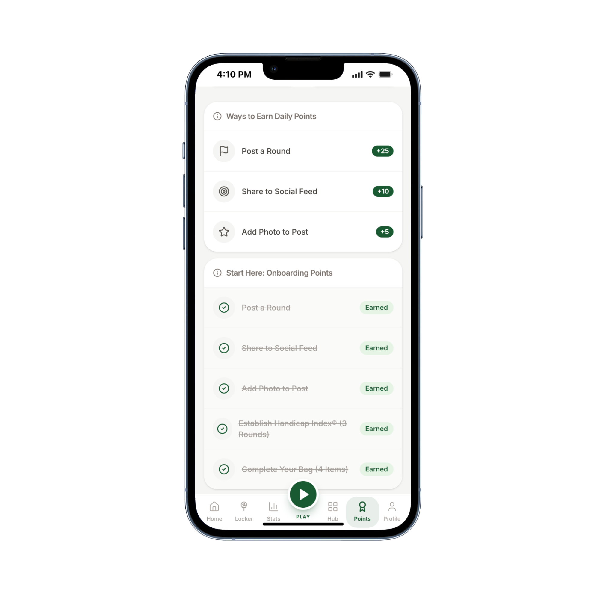 Ways to Earn Daily Points showing +25 for posting rounds, +10 for social shares, and onboarding point progress