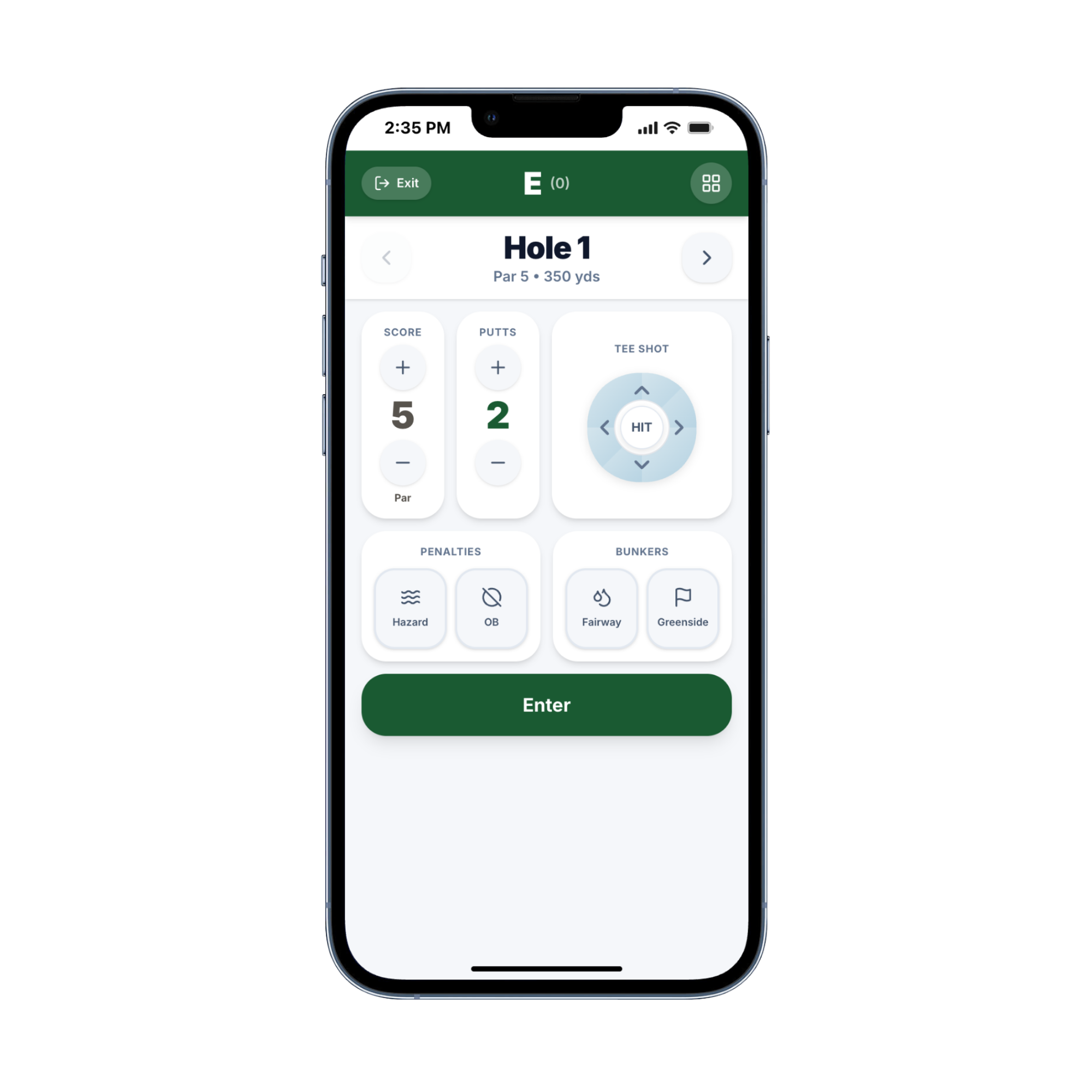 Live hole-by-hole scorecard with score, putts, tee shot, and penalties