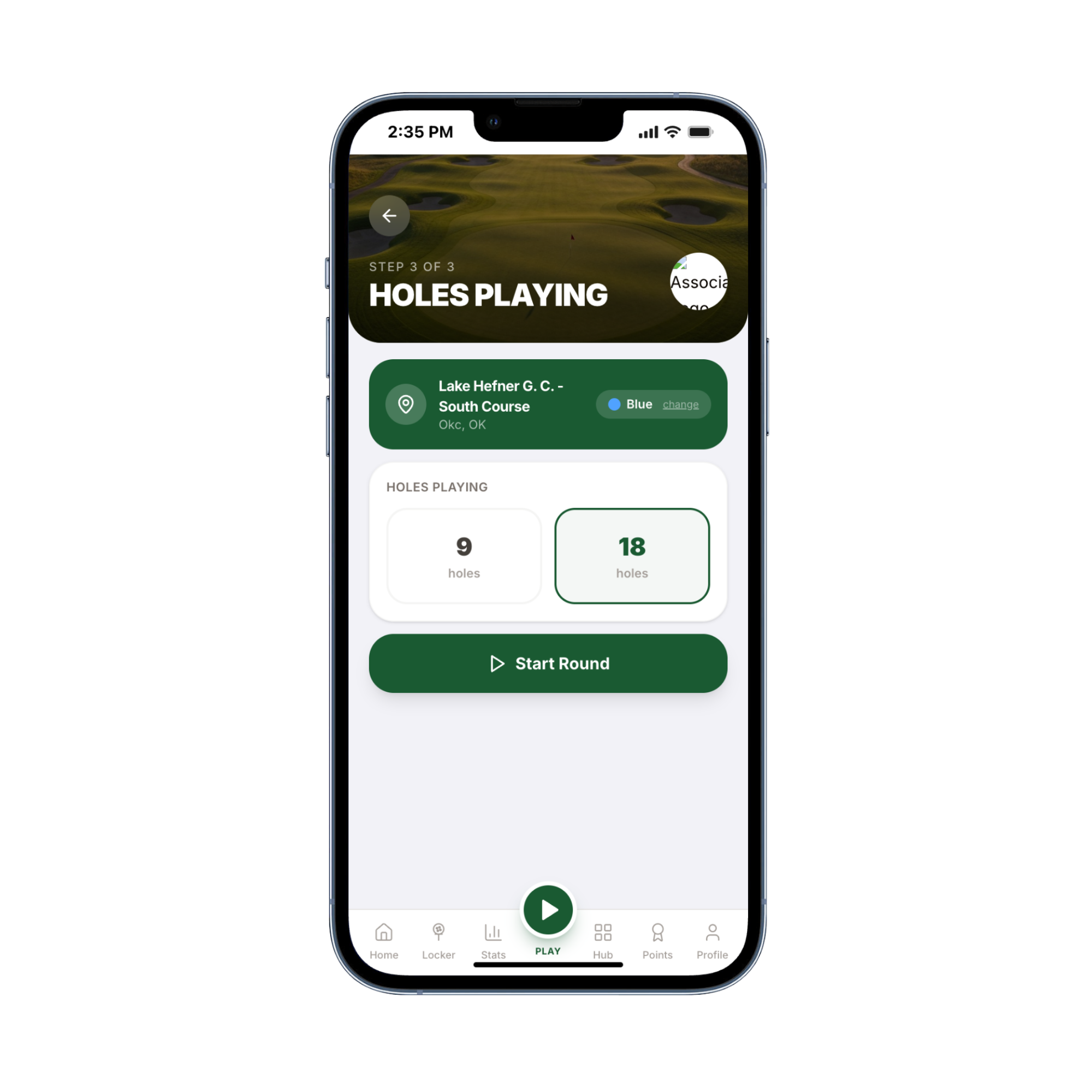 Round setup screen with course, tee, and holes selection