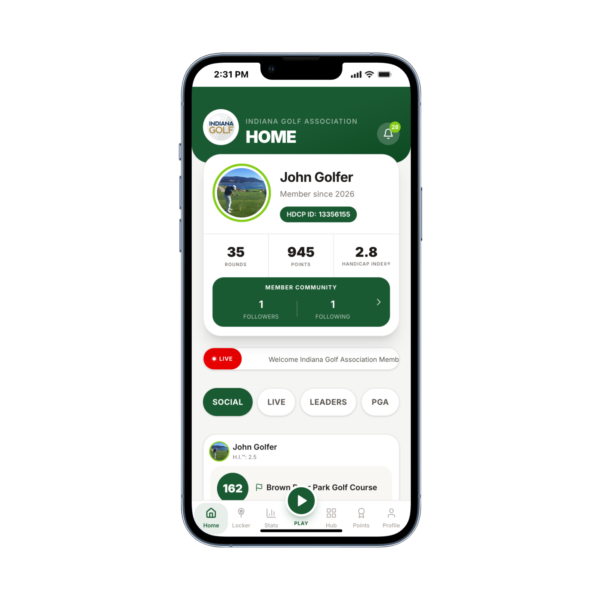 Home screen with profile, rounds, points, and handicap index