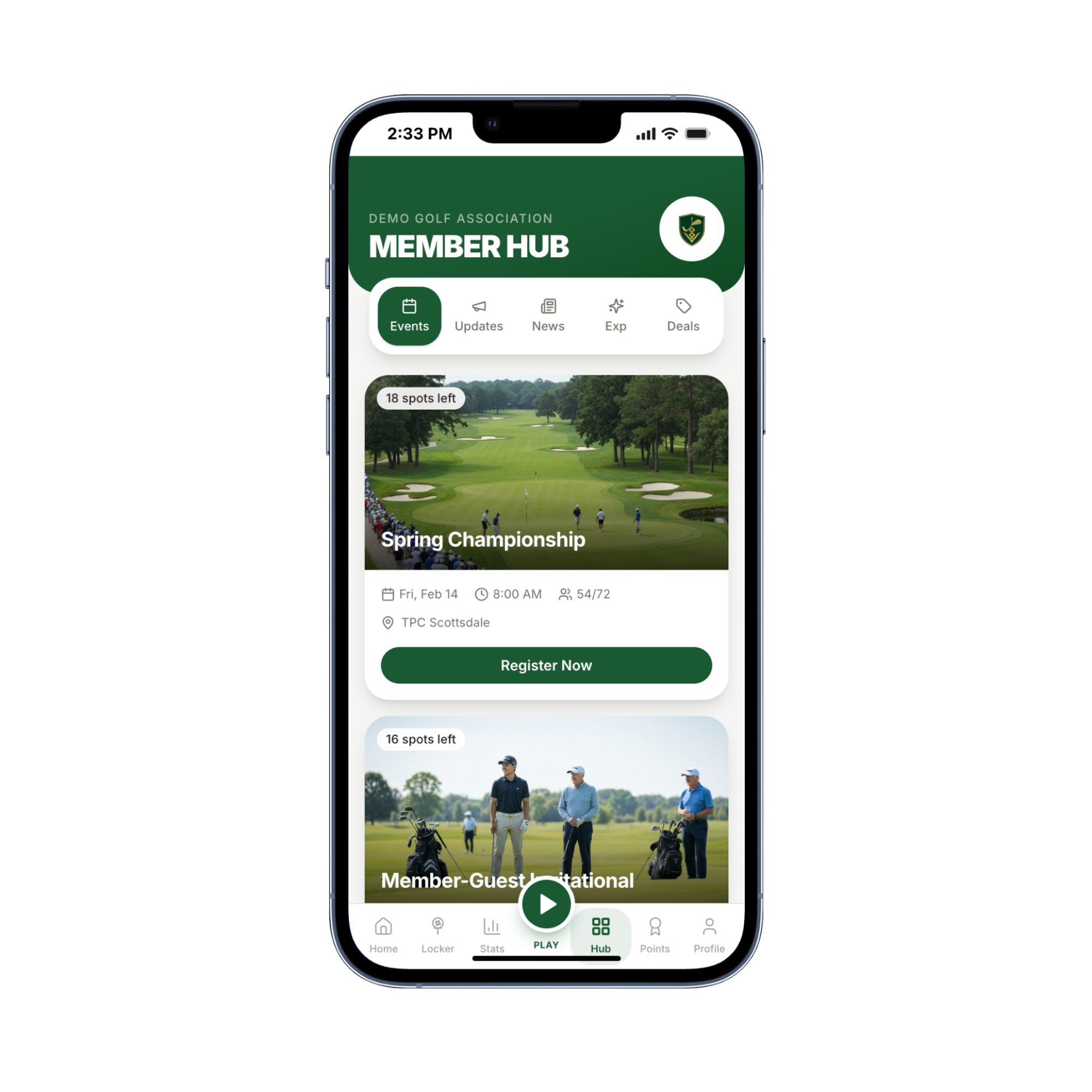 Member Hub showing Spring Championship event registration