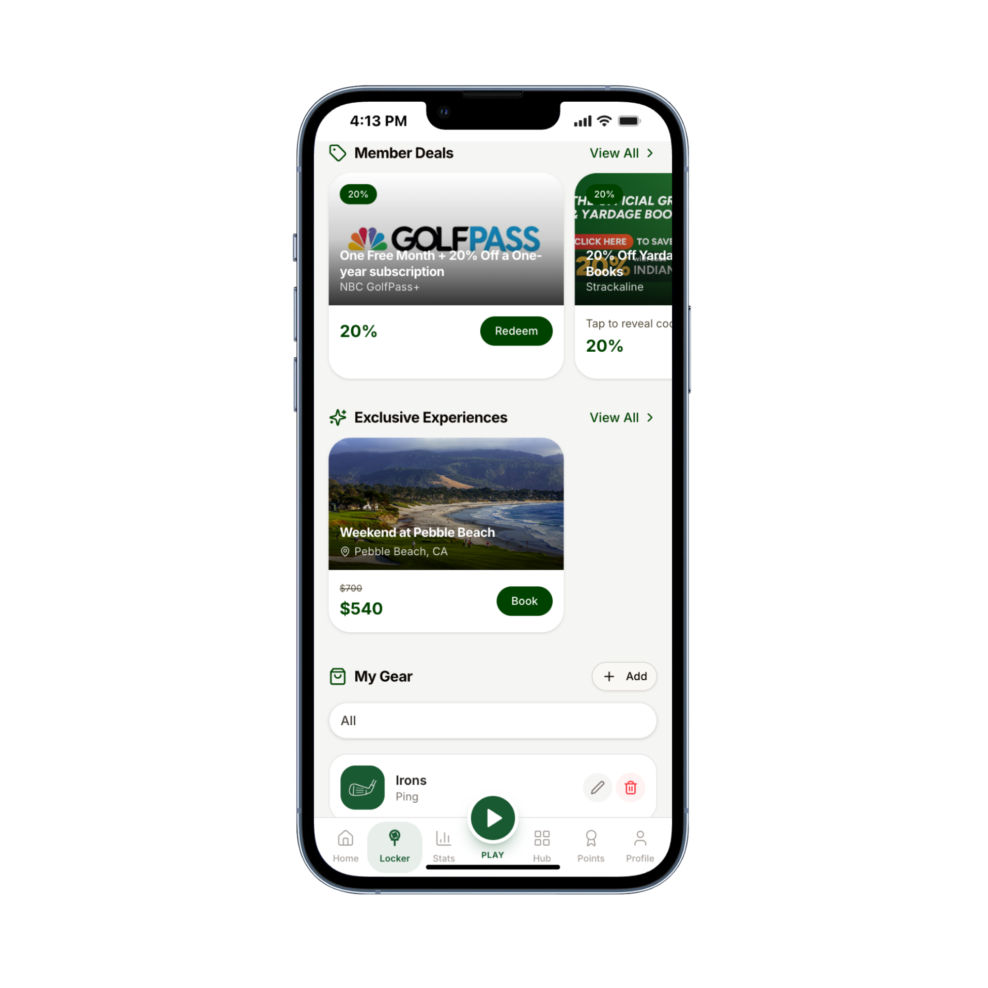 Member Locker showing NBC GolfPass+ deals, Pebble Beach experience, and My Gear club tracking