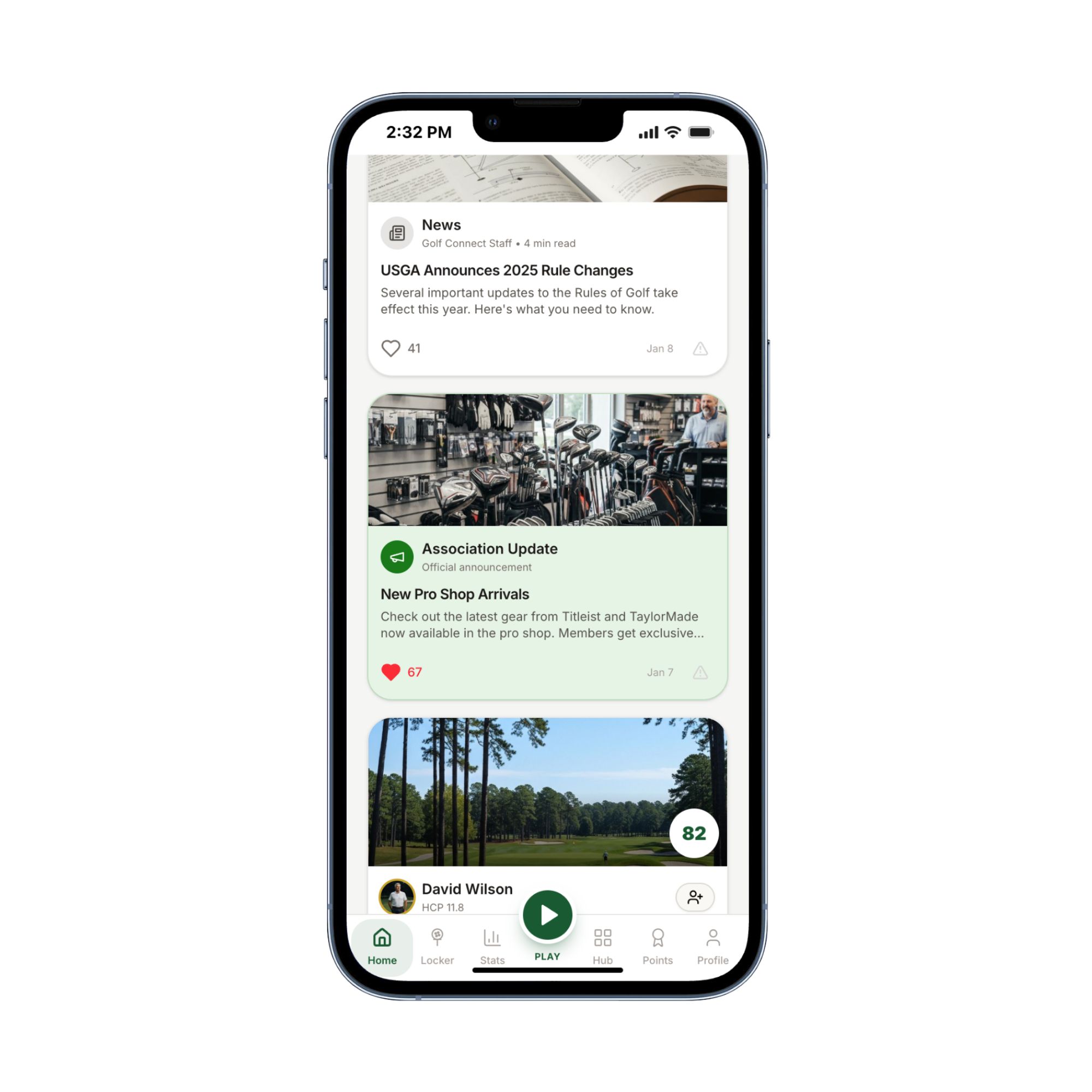 Social feed with USGA news, association updates, and friend rounds