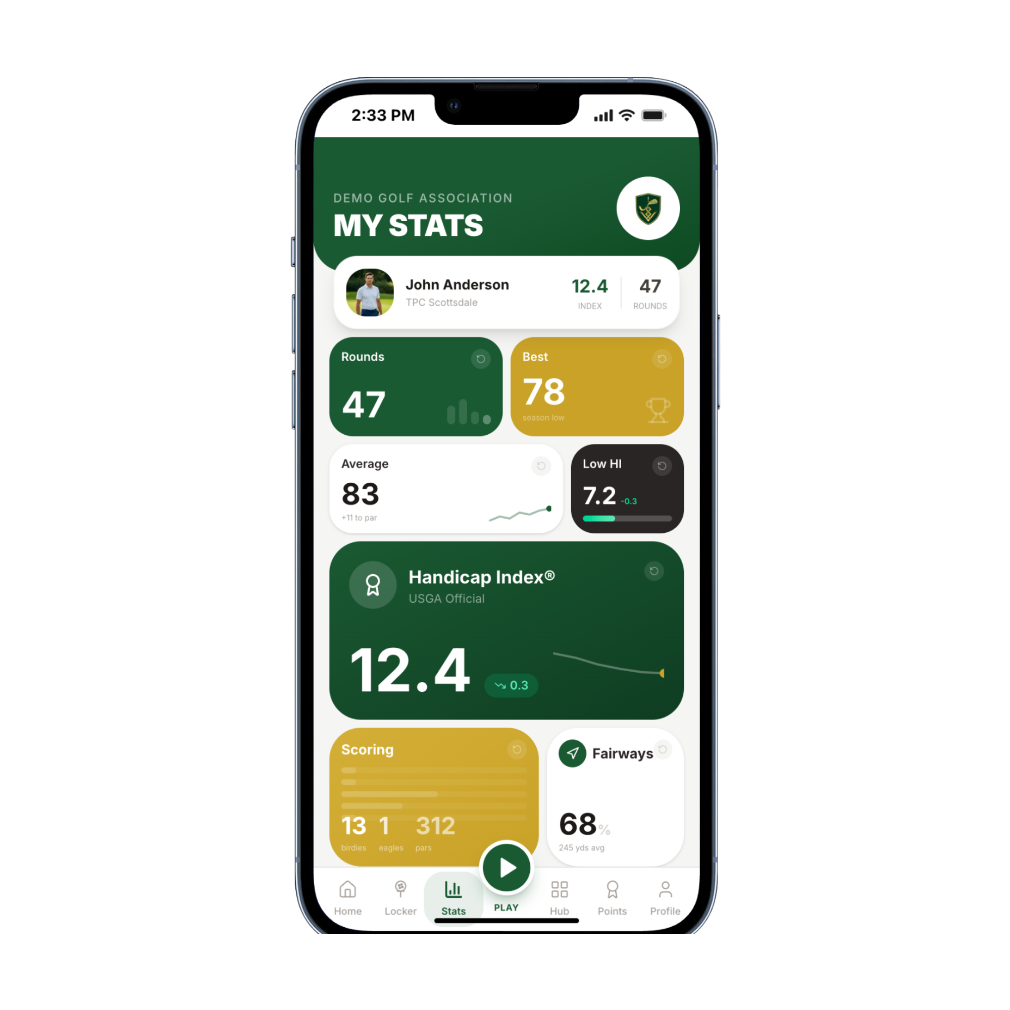My Stats dashboard with Handicap Index, rounds, best, average, fairways
