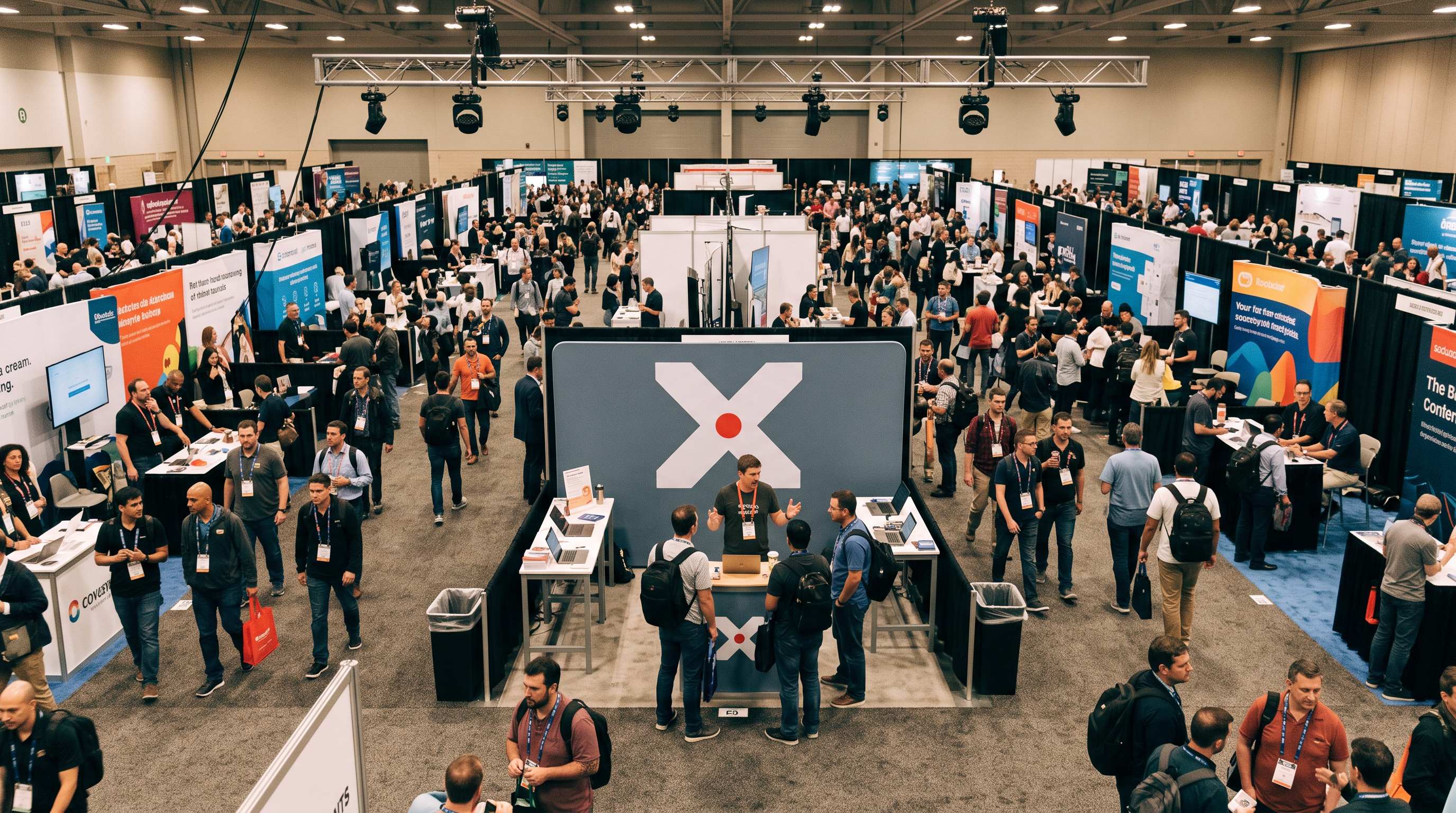 An overhead view of a busy expo floor with the CoreWorx booth at the center, where an engineer talks with attendees